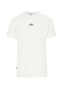 White cotton t-shirt with short sleeves, featuring a small black graphic logo on the chest. Soft texture with a classic crew neck design.