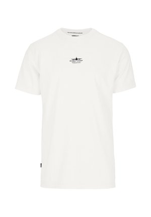White cotton t-shirt with short sleeves, featuring a small black graphic logo on the chest. Soft texture with a classic crew neck design.