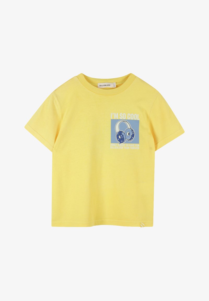 T-shirt en coton jaune avec un col rond, des manches courtes et un graphique bleu représentant des écouteurs et un texte sur le devant.