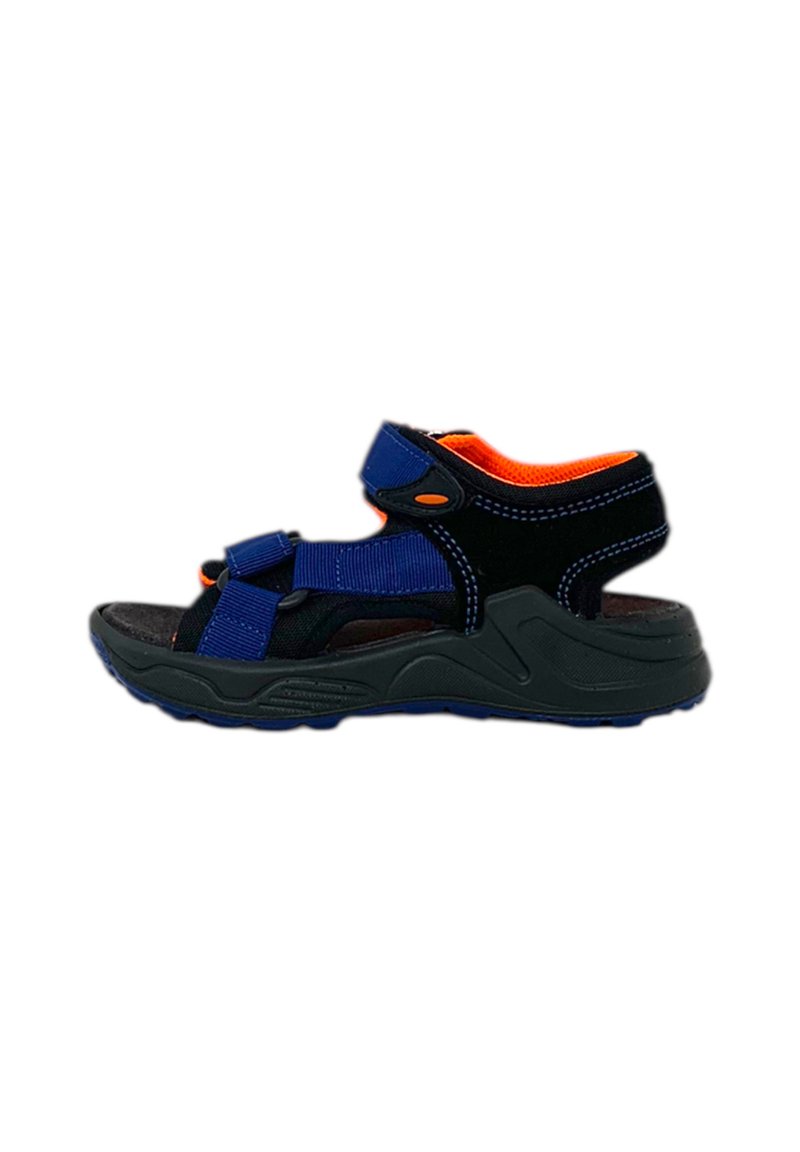 Sandalo nero e blu con cinturini regolabili, interno arancione, suola texturizzata e design sportivo adatto ad attività all'aperto.