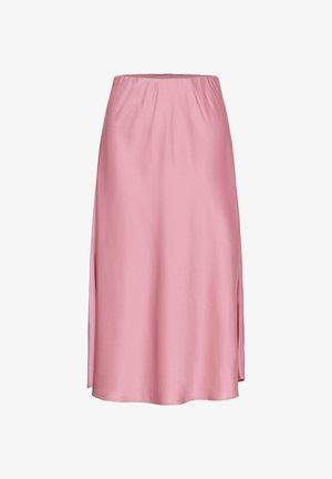 Pink satin skirt with an elastic waistband, featuring side slits for ease of movement. Smooth texture and a knee-length design.