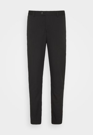 Pantalones negros, ajustados, con un diseño de pierna recta, bolsillos frontales y cierre de botón. Hechos de una tela suave con un ligero brillo.