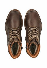 Brown leather ankle boots with grey laces, contrasting tan accents, and a padded collar. Features a zip fastening for easy wear.