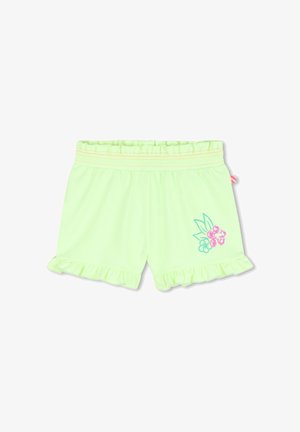 Shorts pour tout-petit vert clair avec une ceinture élastique, des ourlets volantés et un motif floral rose sur la jambe droite.