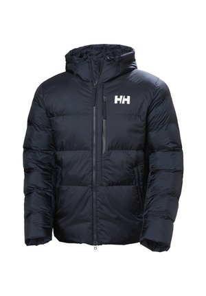 Zwarte gewatteerde winterjas met capuchon, ritssluiting aan de voorzijde, borst- en zijzakken met rits, en wit "HH"-logo op de linkerborst.