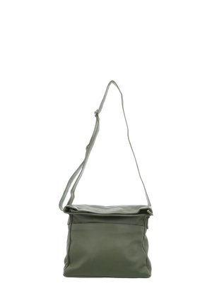 Green leather crossbody bag with a fold-over flap, adjustable strap, and a front pocket. Smooth texture and minimalist design.