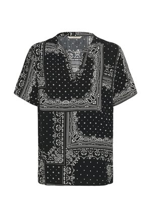 Črna bluza s kratkimi rokavi in V-izrezom, s patchwork vzorcem bele paisley in pikčaste pike.