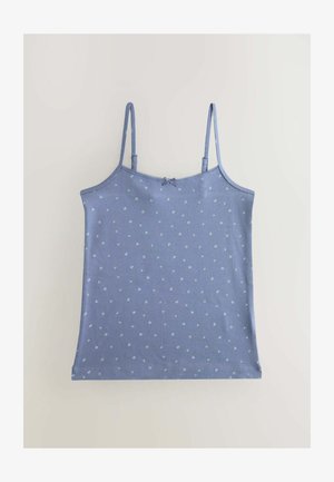 Lyseblå cami-top med tynde stropper, prydet med et lille blomstermønster i lysere blå. Fremstillet af blødt stof med en glat overflade.