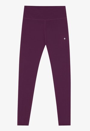 Violetit leggingit, joissa on leveä, elastinen vyötärönauha. Valmistettu sileästä, joustavasta kankaasta, jossa on tasosaumat ja pieni logo alareunassa.