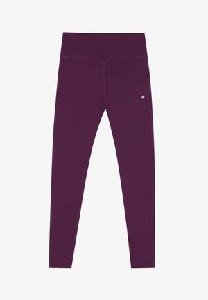 Violetit leggingit, joissa on leveä, elastinen vyötärönauha. Valmistettu sileästä, joustavasta kankaasta, jossa on tasosaumat ja pieni logo alareunassa.