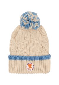 Knitted cream beanie with a blue ribbed cuff and pom-pom. Features a logo patch at the front. Cable knit pattern throughout.
