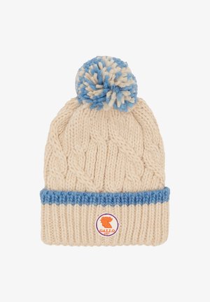 Knitted cream beanie with a blue ribbed cuff and pom-pom. Features a logo patch at the front. Cable knit pattern throughout.