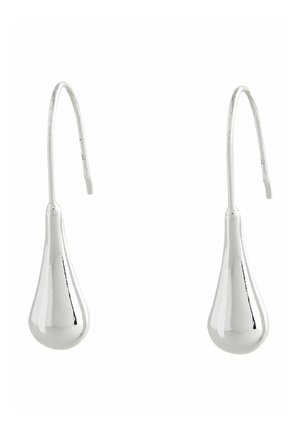 Silver drop earrings featuring a smooth, reflective finish. The elongated teardrop shape hangs from a fine hook.