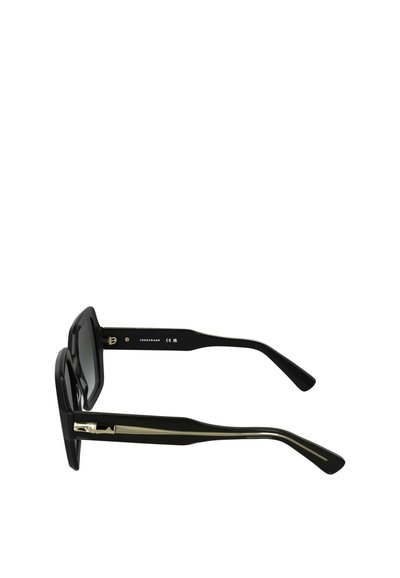 Schwarze Sonnenbrille mit rechteckigen Rahmen, dunklen Gläsern und goldenen Hardware-Akzenten an den Bügeln. Das strukturierte Bügeldesign fügt Details hinzu.