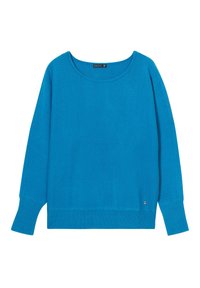 Blauer Pullover, weicher Strickstoff, runder Halsausschnitt, lange Ärmel, gerippte Bündchen und Saum, kleines Logo-Akzent unten links.