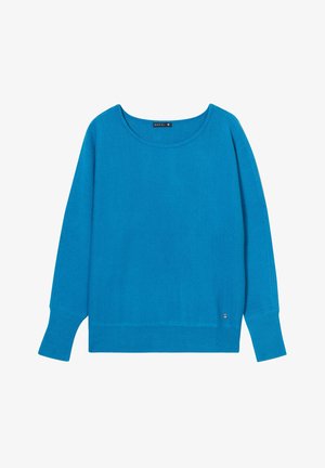 Maglione blu, tessuto a maglia morbida, collo rotondo, maniche lunghe, polsini e orlo a coste, piccolo logo in evidenza in basso a sinistra.