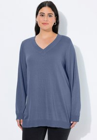 V-Ausschnitt, langärmeliger Pullover aus weichem blauen Stoff, mit gerippten Bündchen und Saum, lockere Passform, strukturierter Strickmuster.
