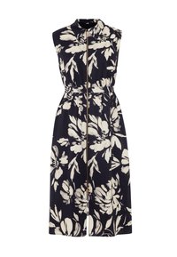 Sleeveless dress in navy with large white floral pattern, featuring a zip front, cinched waist, and knee-length hem.