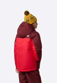 Red and maroon insulated jacket with a hood, featuring a prominent logo on the upper back, worn with a yellow patterned knit beanie.