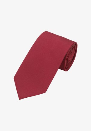 Solid burgundy tie with a smooth texture, featuring a traditional pointed shape and a rolled design for storage. No patterns or accents.