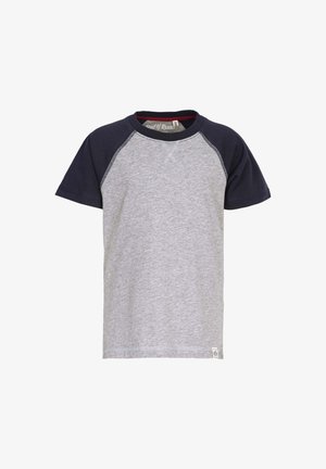 Harmaa ja laivastonsininen baseball-paita lyhyillä hihoilla, pyöreällä kauluksella ja raglan-muotoilulla. Mukana kontrastivärinen ompelu ja pieni logotunniste helman kohdalla.