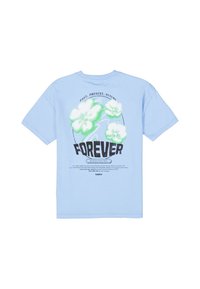 Camiseta de algodón de color azul claro con gráficos florales y texto. La parte trasera incluye "FOREVER" y frases motivacionales en negro y verde.