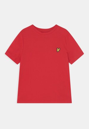 Rotes kurzärmliges Kleinkind-T-Shirt mit Rundhalsausschnitt und kleinem gelbem Vogel-Logo auf der linken Brust.