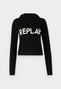 Schwarze gestrickte Kapuzenjacke mit einem verkürzten Design, langen Ärmeln, zwei Kordeln und "REPLAY" in weißen Buchstaben auf der Brust.