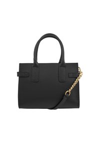 Black leather handbag featuring dual top handles, a detachable gold chain strap, and textured surface with side tab details.