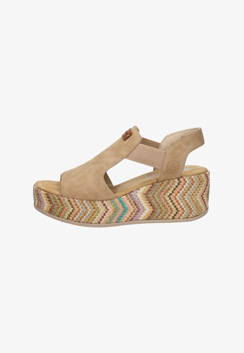 Sandale compensée en daim beige avec bout ouvert, brides latérales élastiques et semelle plateforme à motif zigzag multicolore.