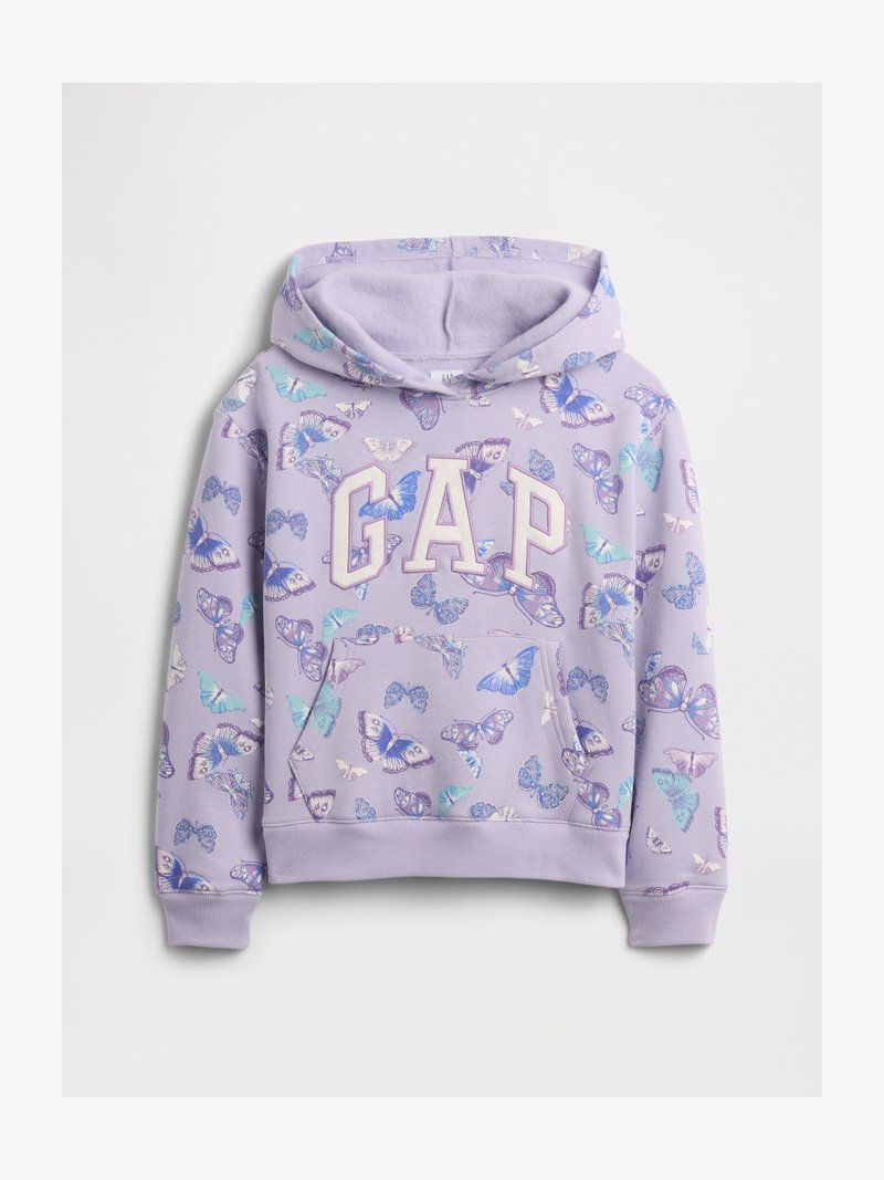 Sweat à capuche lilas avec imprimé de papillons bleus et violets, grand logo "GAP" sur la poitrine, poche kangourou à l'avant, et poignets et ourlet côtelés.