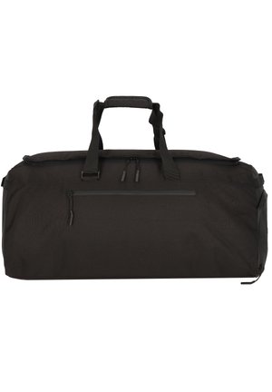 Sac de sport noir en tissu durable, avec deux poignées supérieures, un compartiment principal zippé et une poche zippée à l'avant pour un stockage supplémentaire.