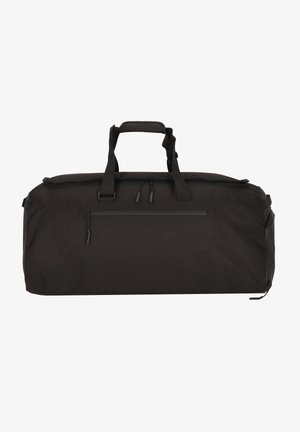 Black duffel bag made of durable fabric, featuring two top handles, a zippered main compartment, and a front zip pocket for extra storage.