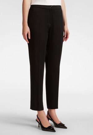 Black tailored trousers with a straight-leg design, featuring side pockets, a waistband with a button, and smooth fabric texture.