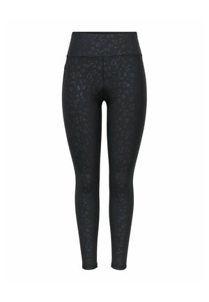 Leggings noirs taille haute avec un subtil motif léopard foncé, présentés sur fond blanc.