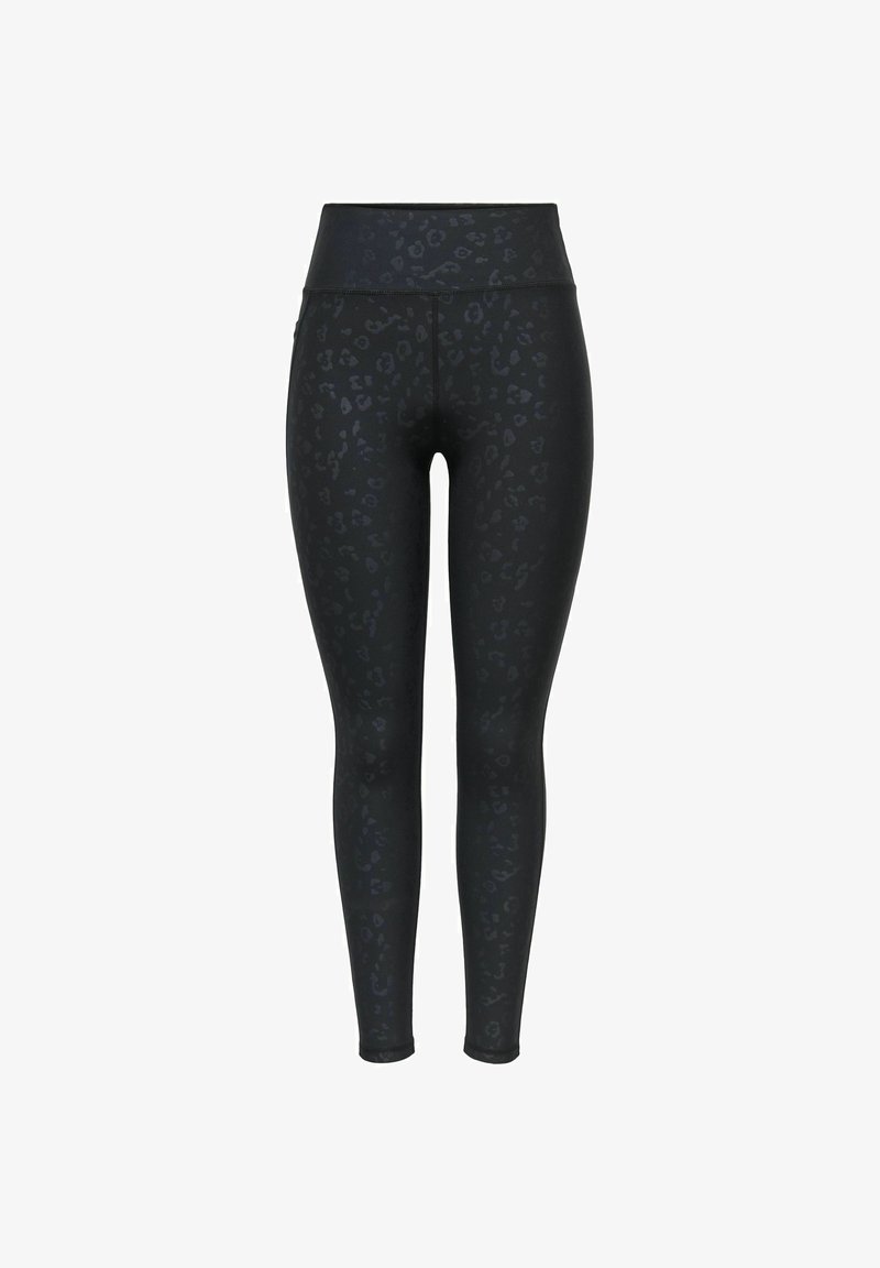 Leggings noirs taille haute avec un subtil motif léopard foncé, présentés sur fond blanc.