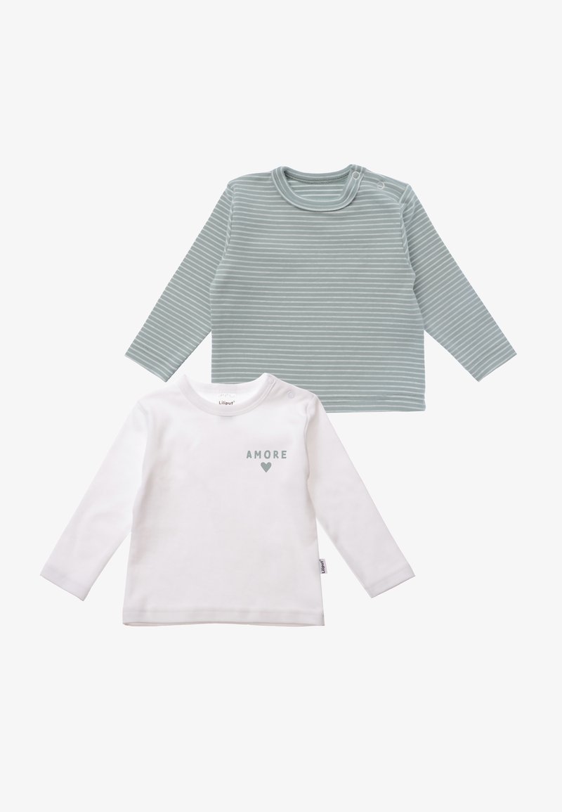 Two long-sleeve shirts: one light green with white stripes and one white featuring "AMORE" in green text and a heart graphic.