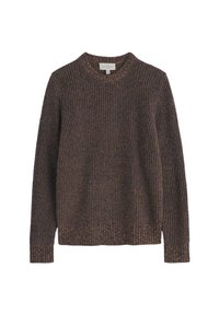 Brązowy sweter z prążkowanej dzianiny z okrągłym dekoltem. Długie rękawy i teksturowane wykończenie nadają mu przytulny wygląd. Dolna krawędź jest lekko luźna.