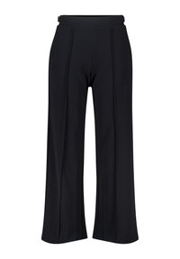 Pantalon noir à jambes larges en tissu lisse, avec une taille cintrée et des accents de coutures verticales pour un look ajusté.