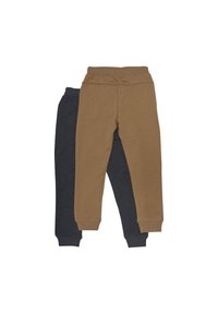 Zwei Paare Kinderhosen: eine braune und eine dunkelgraue. Beide haben einen elastischen Bund und umgeschlagene Knöchel mit einer glatten Baumwolltextur.