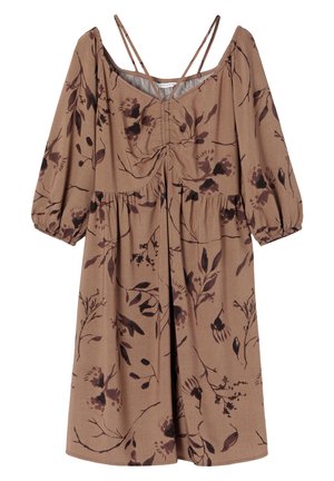 Vestido floral marrón con mangas abullonadas, un cuerpo fruncido y detalles de doble tirante. Presenta patrones florales oscuros sobre una tela suave.