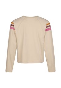 Beige long-sleeve shirt with round neckline, featuring pink, brown, and orange stripes on both upper sleeves on a white background.