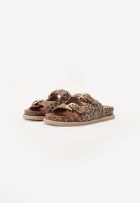 Brown leopard print slide sandals with two gold buckles and small gold studs on top, flat tan soles, shown on a white background.