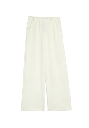 Szerokie, kremowe spodnie z elastycznym pasem i bocznymi kieszeniami, wykonane z miękkiego materiału zapewniającego komfort noszenia.