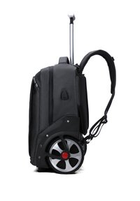 Zaino con ruote, tessuto nero, forma ergonomica, manico retrattile, grande ruota posteriore, spallacci regolabili, chiusura con zip resistente.
