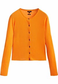 Gerippte orangefarbene Strickjacke mit langen Ärmeln, Rundhalsausschnitt und sechs dunklen Knöpfen vorne. Verfügt über strukturierten Stoff und ein kurzes Design.