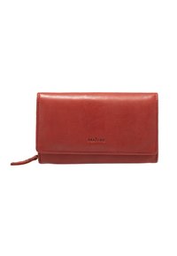 Red leather wallet with a smooth texture, folding design, and embossed brand logo on the front. Features a zipper pull on the side.