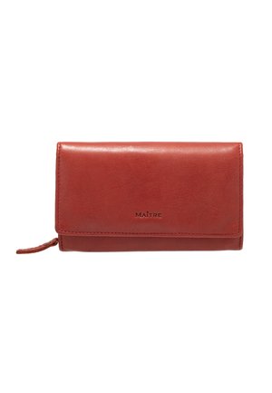 Red leather wallet with a smooth texture, folding design, and embossed brand logo on the front. Features a zipper pull on the side.
