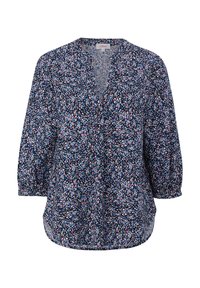 Blouse bleu marine pour femme avec motif floral abstrait rose, blanc et bleu, manches trois-quarts et col en V.