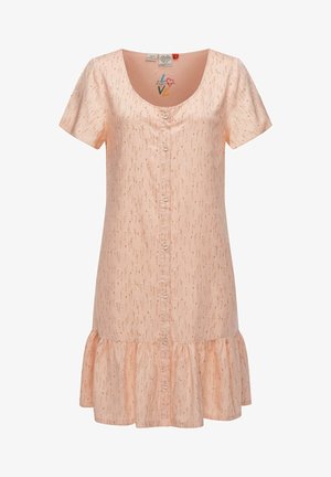 Light pink dress with short sleeves, round neckline, front buttons, and gathered ruffle at hem. Features a pattern of small, gold accents.
